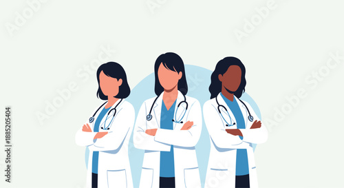 Diverse team of professional female doctors from different ethnic backgrounds standing together with confidence and unity.