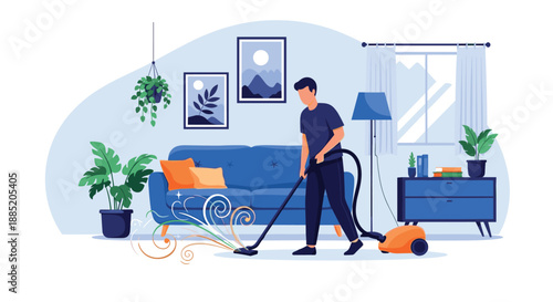 Modern man doing his share of household chores by vacuuming the floor of a beautifully decorated, clean living room.
