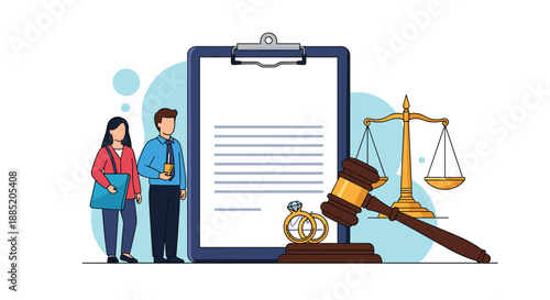 Couple standing by a prenuptial agreement document with a judge's gavel and scales of justice, representing divorce law.