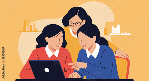 Female teacher helping two smiling female students who are working together on a laptop for a school project or lesson.