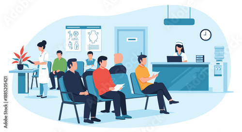 Patients sitting in a modern hospital waiting room, waiting for their doctor's appointment at the clinic's reception area.