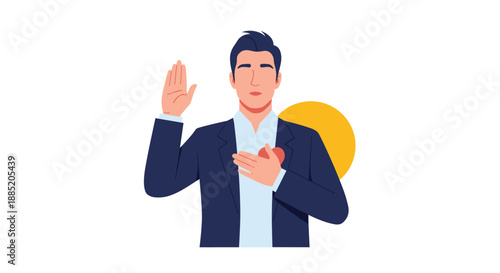 Honest man in a formal suit making a solemn promise or taking an oath with his hand raised and on his heart.