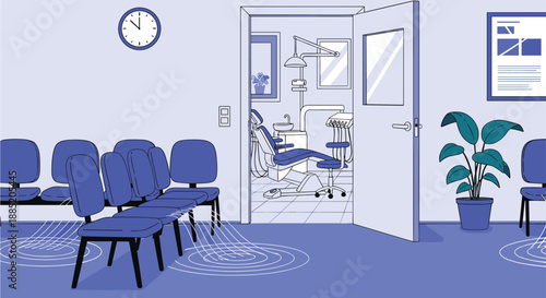 Empty dentist office waiting room with chairs and an open door showing the modern dental examination and treatment room.