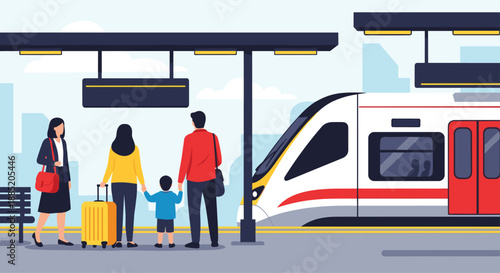Family with a child and luggage waiting on a train station platform for their train to arrive for a vacation trip.