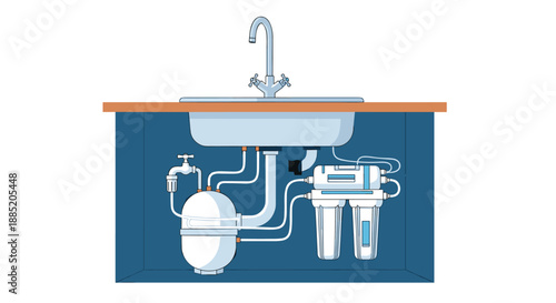 Under-sink reverse osmosis water filter system with a tank and cartridges connected to the kitchen plumbing for pure water.