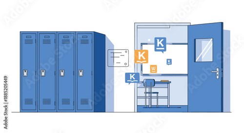 School hallway with blue lockers and an open classroom door revealing a whiteboard with educational icons and symbols.