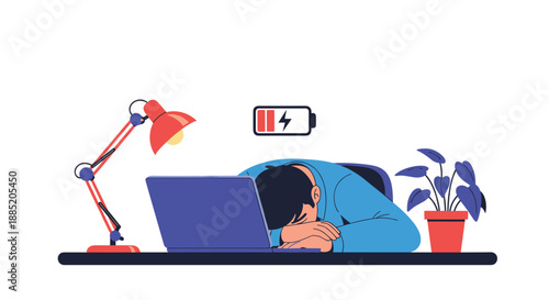 Exhausted man sleeping on his laptop at his desk with a low battery icon, symbolizing professional burnout and fatigue.
