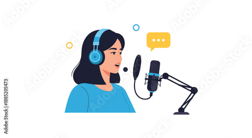 Woman with headphones speaking into a professional microphone to record a podcast, audio book, or voice-over session.