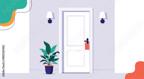 Hotel room door with a do not disturb hanger on the handle, located in a quiet and minimalist hallway with a plant.