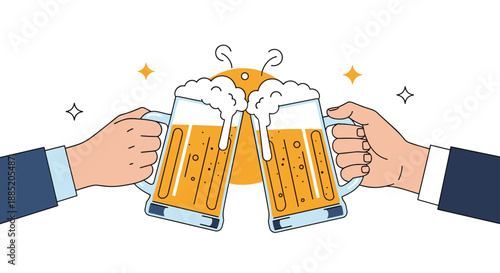 Two hands in business suits making a toast and clinking two large mugs of beer together in celebration at a pub.