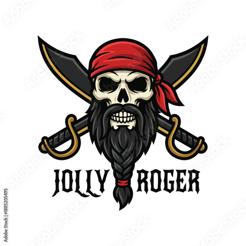 Red Bandana Pirate Skull with Braided Beard and Swords
