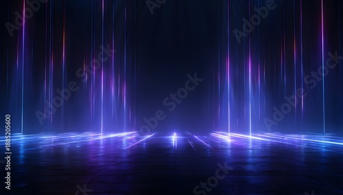 Cyberpunk stage floor with glowing neon light strips and vertical pillars of light in blue and violet tones creating futuristic studio background for product display
