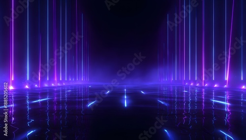 Futuristic neon tunnel with glowing blue and purple vertical lights reflecting on wet floor, abstract digital background for technology and entertainment concepts