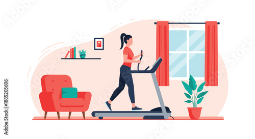 Woman exercising on a treadmill in her living room, maintaining a healthy and active lifestyle with a convenient home workout.