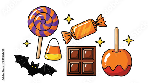 Assortment of cartoon halloween candies and spooky bat illustration elements