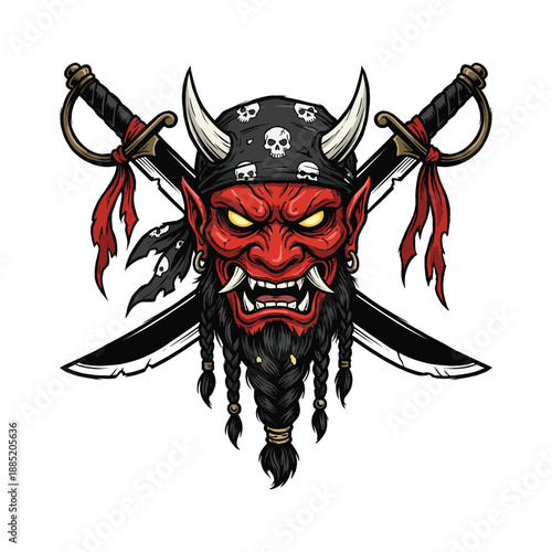 Red Japanese Oni Demon Pirate Mask with Katana Swords