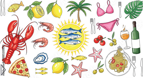Hand Drawn Mediterranean Summer Vector Set Featuring Lobster Seafood Pizza Pasta Wine and Tropical Beach Elements for Restaurant Menus and Vacation Graphic Designs