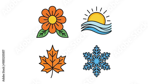 Set of four colorful icons representing the four distinct seasons of the year