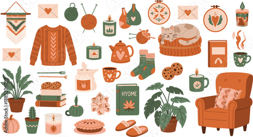 Autumn-Inspired Cozy Home Scene Featuring Knits, Candles, Books, Plants, Treats, Cat, Armchair, and Relaxing Accessories for Seasonal Comfort
