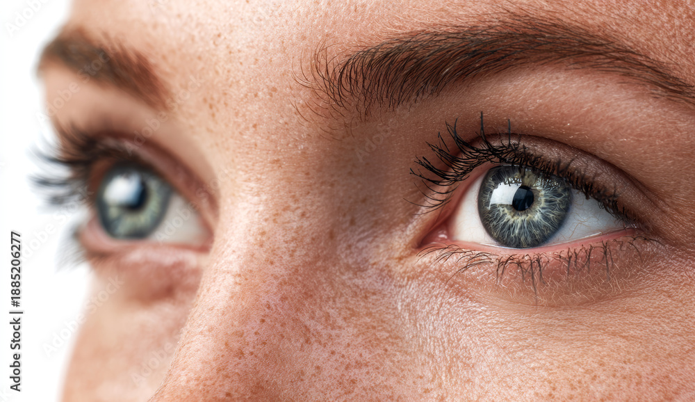 Obraz premium A woman's blue eyes with detailed eyelashes, natural skin texture, and subtle freckles, showing clarity and vibrant color