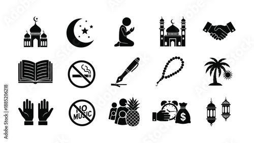 Islamic symbols and icons collection including mosque crescent moon praying figure and religious artifacts in clean vector style