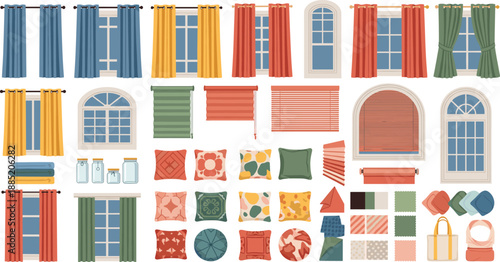 Home Decor Elements Featuring Colorful Curtains, Blinds, Window Styles, Pillows, Towels, Fabric Swatches, and Accessories for Interior Styling
