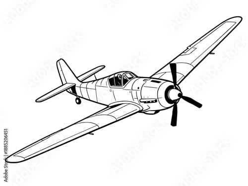 World War II German fighter plane Focke-Wulf Fw 190 line art illustration, vintage military aircraft vector