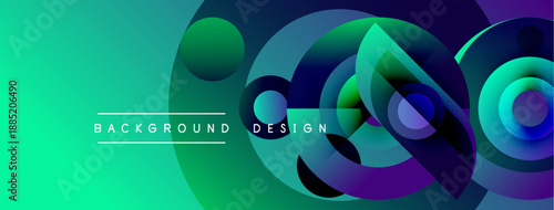 Abstract vibrant background. Circles overlap creating dynamic visual effect. Gradient colors blend smoothly, turquoise to purple hues dominate. Modern design element.