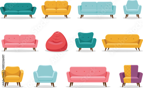 Stylized Seating Furniture Collection – Colorful Sofas, Armchairs, and Bean Bag Designs for Interior Decor, Merchandising, and Visual Presentation