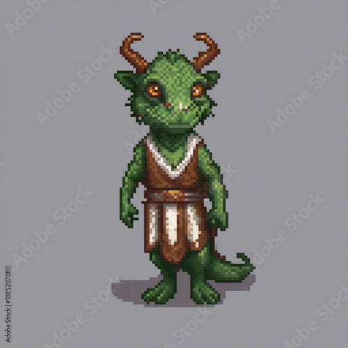 A pixel art image of a green, horned creature with brown vest and brown belt standing in front of a grey background.