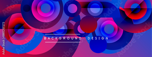 Abstract vibrant design features overlapping circles, gradients. Pink, blue hues create dynamic visual effect. Text reads background design.