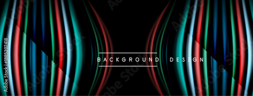 Abstract design features vibrant lines, curves, gradients. Dark background emphasizes colorful, dynamic composition. Modern aesthetic.