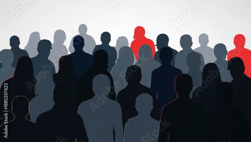 Diverse Crowd Silhouette With Red Figures Standing Out.