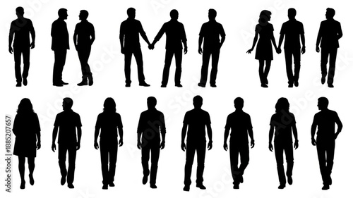 Diverse Group of People Silhouettes Standing and Walking.