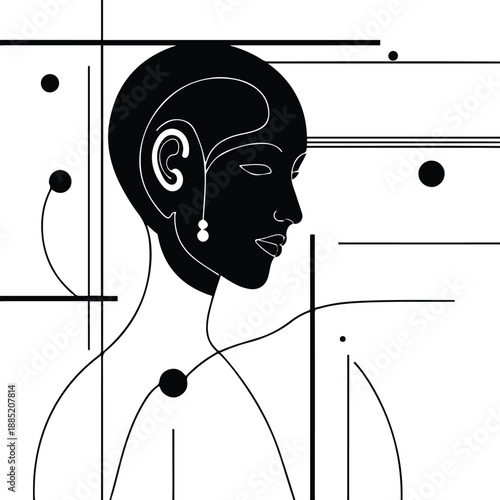 Minimalist human and AI collaboration concept, abstract line art, black and white vector, clean negative space, futuristic ethical technology theme 3
