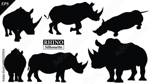 set of Black silhouette of rhinoceros isolated on white background, Beautiful rhinoceros logo icon vector design, standing, rhino silhouette vector illustration, vector. Black rhino Silhouette logo 