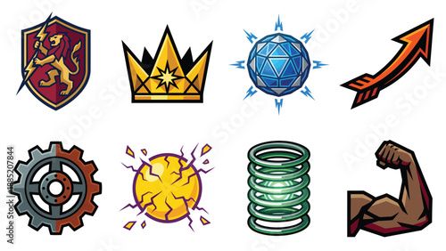 Collection of fantasy game icons: heraldry, crown, globe, arrow, gear, energy, spring, bicep