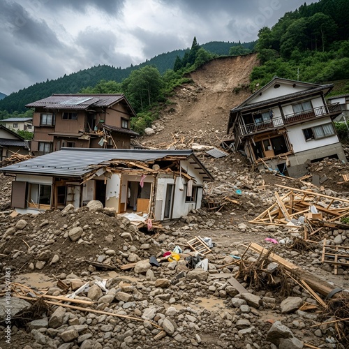 Devastating natural disaster destroys homes and landscapes in a mountainous region