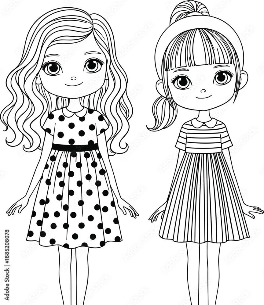 Fototapeta premium Cute cartoon vector illustration of two stylish girls in dresses, perfect for coloring book pages, fashion themes, kids design, and educational materials.