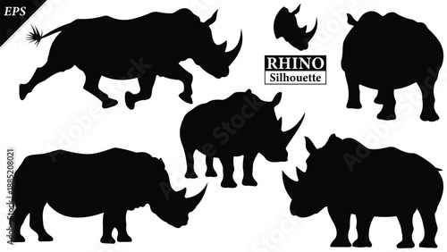 set of Black silhouette of rhinoceros isolated on white background, Beautiful rhinoceros logo icon vector design, standing, rhino silhouette vector illustration, vector. Black rhino Silhouette logo 