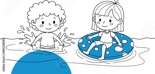 Cute kids playing in water, children having fun in pool, boy splashing water, girl floating on ring, summer outdoor activity, happy kids vector illustration