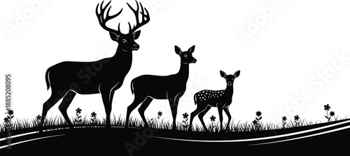 PrintDeer silhouette vector illustration, wildlife family scene, antlered stag with doe and fawn, nature grassland design for print, decor, and education