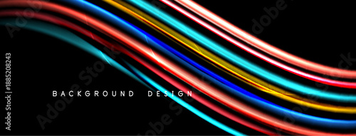 Abstract flowing lines, vibrant colors over black background. Modern design element, dynamic curves create visual interest.