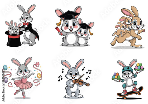 Easter bunnies in educational, artistic, and athletic pursuits with eggs bunny rabbit