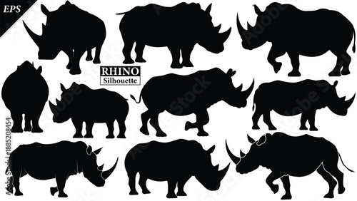 set of Black silhouette of rhinoceros isolated on white background, Beautiful rhinoceros logo icon vector design, standing, rhino silhouette vector illustration, vector. Black rhino Silhouette logo 