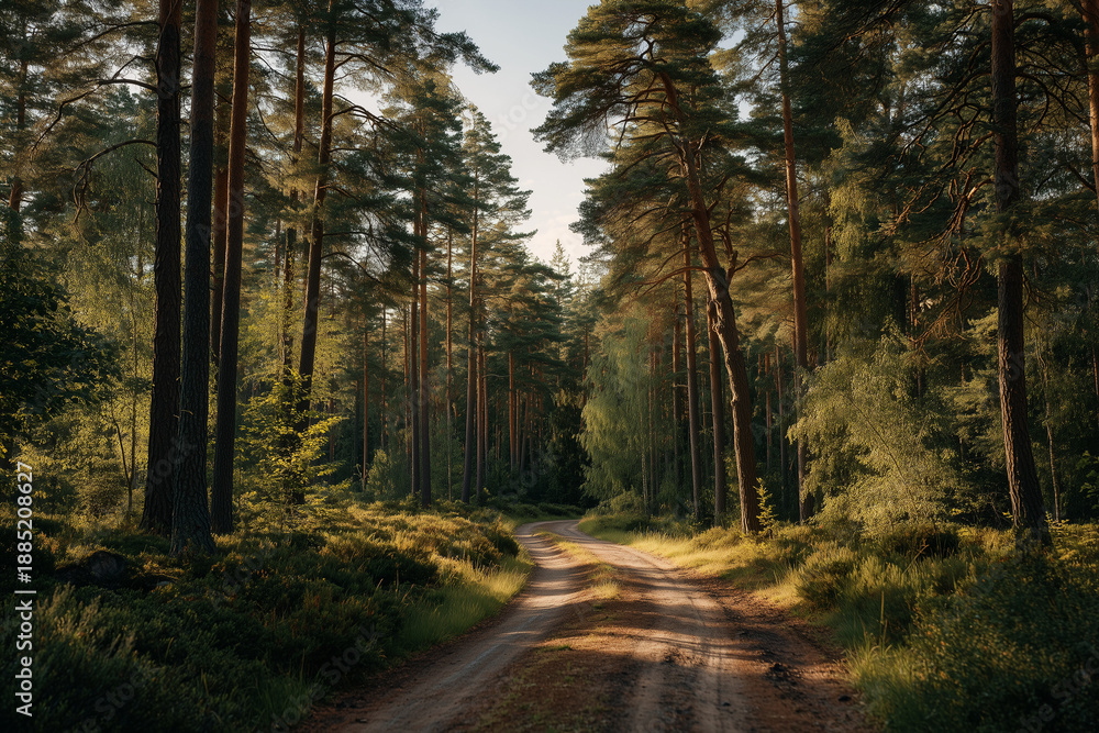 Fototapeta premium Winding dirt road through a forest landscape with soft morning light, natural curves, and a peaceful outdoor atmosphere 