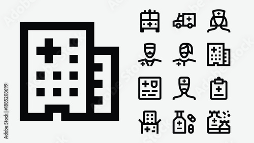Hospital and healthcare facility icons set