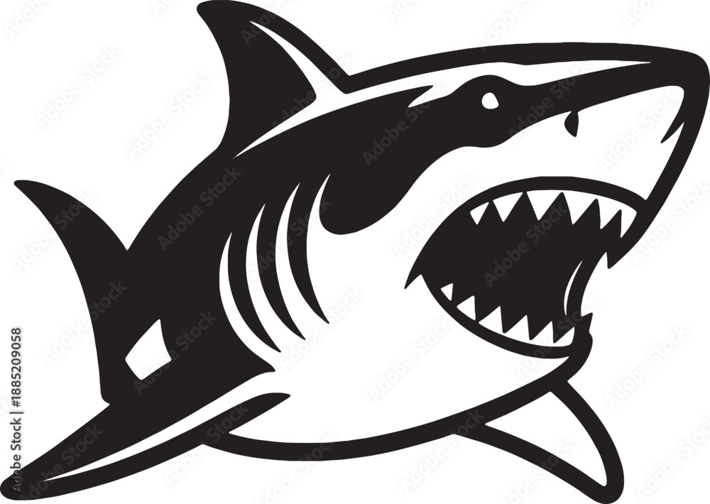 Fototapeta premium Aggressive Shark Silhouette Logo EPS Vector – Black and White Predator Fish Design