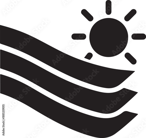 Sun partially hidden behind layered fabric folds, solid silhouette expressing textile-based sun defense.