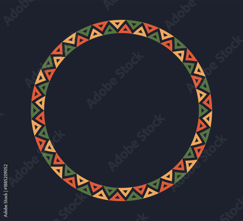 Mexican pattern circle frame. African ethnic motif border. Aztec triangular ornament round frame. Mexican text frame. African ethnic culture ornament. Vector illustration isolated on dark background.